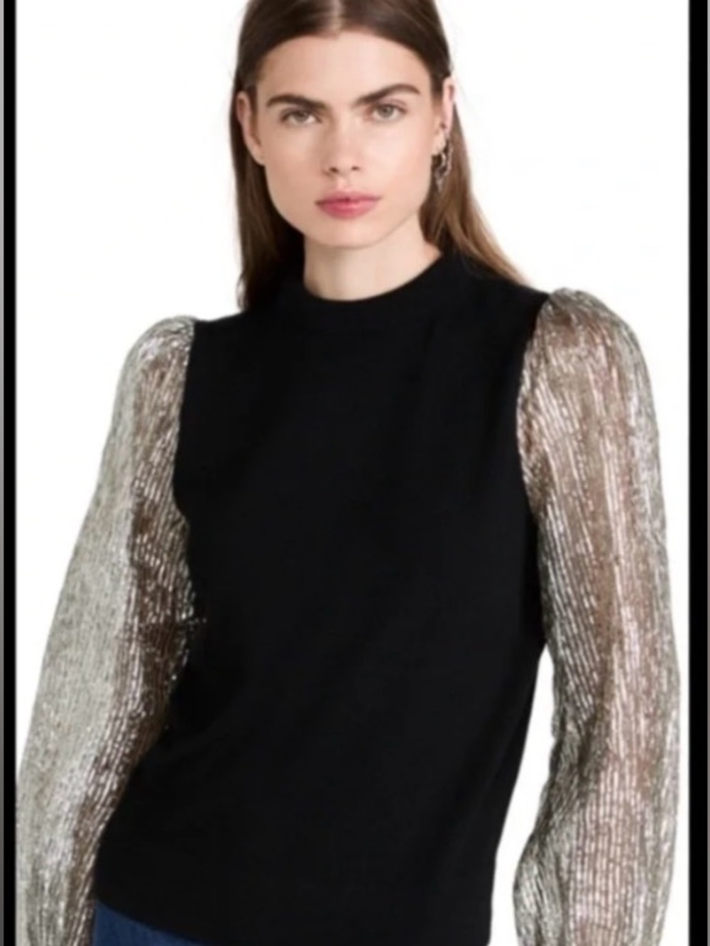 Tory Burch Black Cashmere Sweater with Silver Crinkle Sleeves